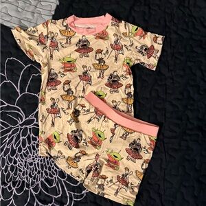 H&M Cream Pajama Set with Pink Trim and Multicolor Character Print